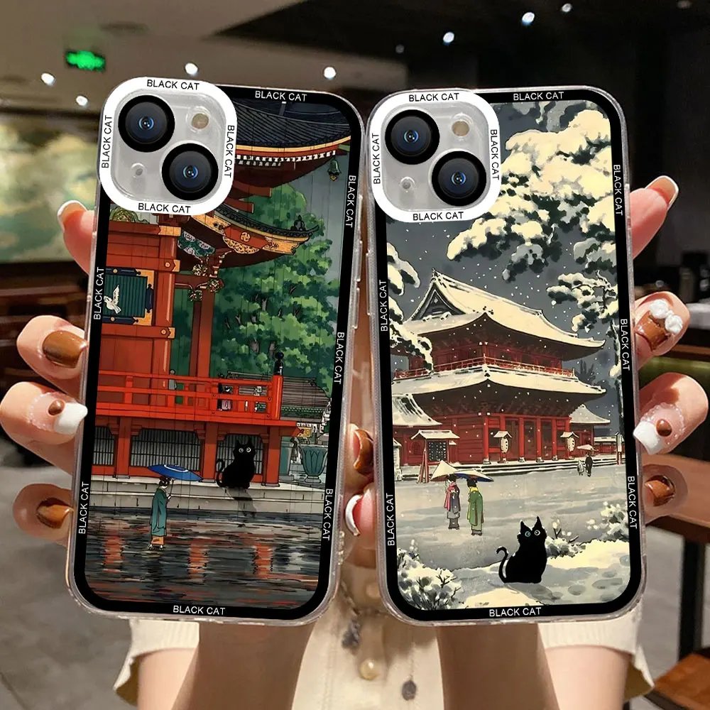 Retro Scenery Sunset Aesthetic Black Cat Phone Case for IPhone 15 14 13 12 11 Pro Max XS X XR 7 8 15Plus Clear Soft Cover Fundas