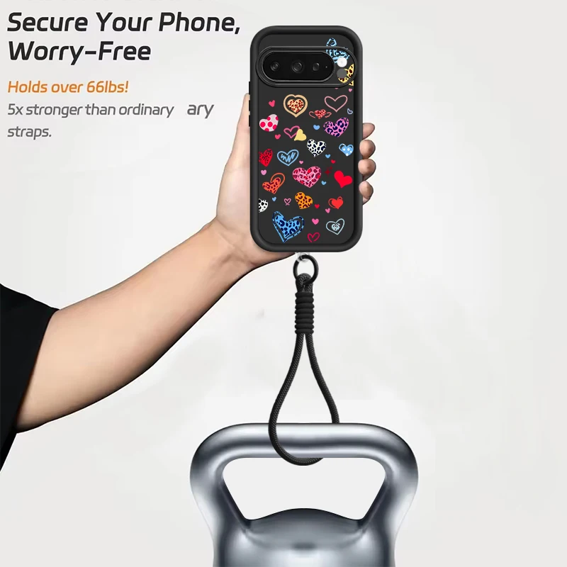 حافظة ملونة مطبوعة على شكل قلب الحب لهاتف جوجل بيكسل 10 8 7 برو 9A 8A بكسل 9 10 برو XL شريط للرسغ حبل ناعم من البولي يوريثان #4