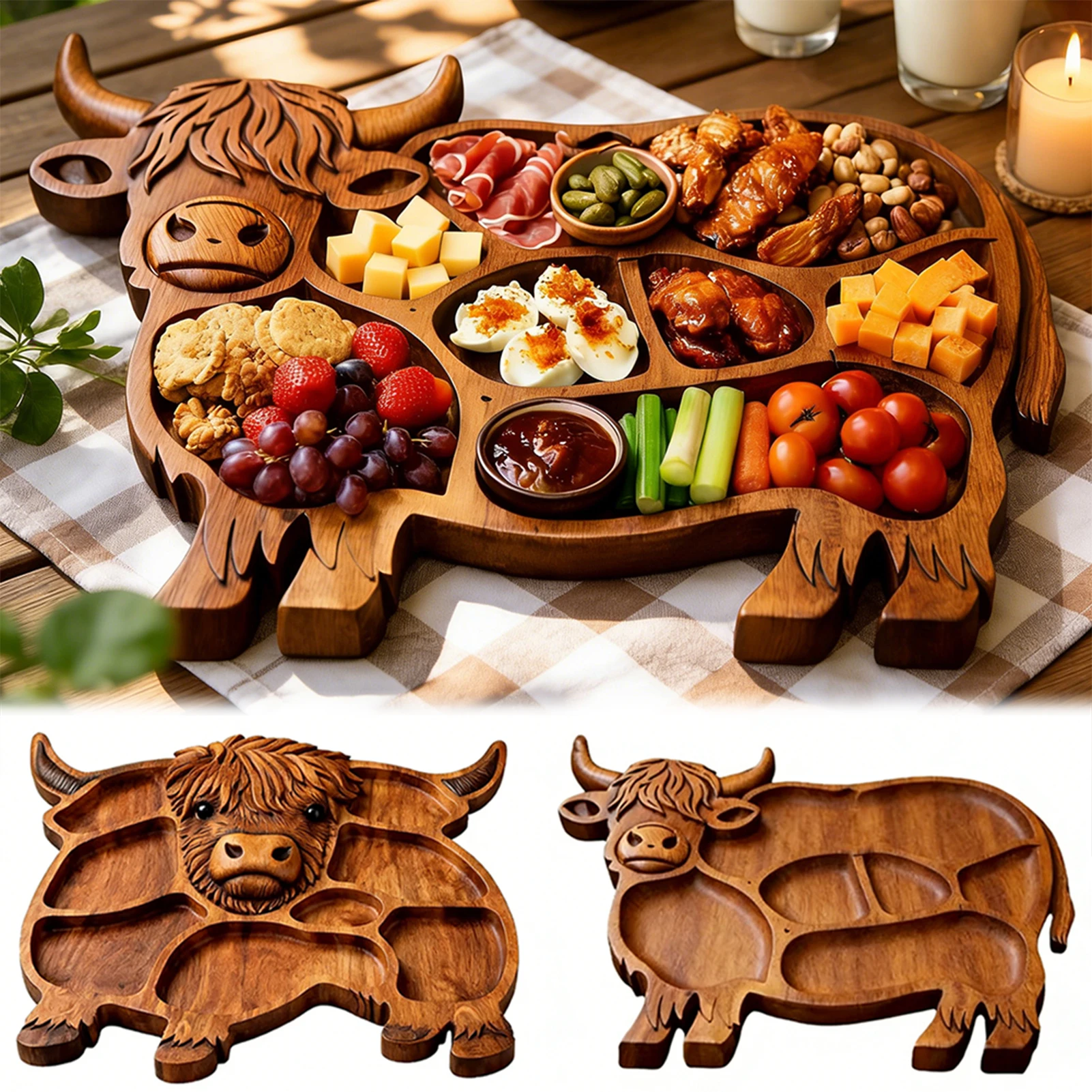Wooden Charcuterie Board Rustic Farmhouse Meat Cheese Tray Highland-Cow Design Natural Wood Craft Serving Platter Picnic Readys