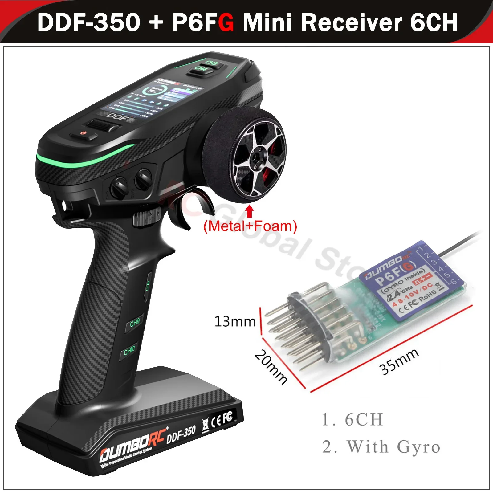 DUMBORC DDF-350 10CH 10-kanaals zender P6F P6DCG Gyro-ontvanger Metalen handwiel afstandsbediening voor RC auto vliegtuig boot