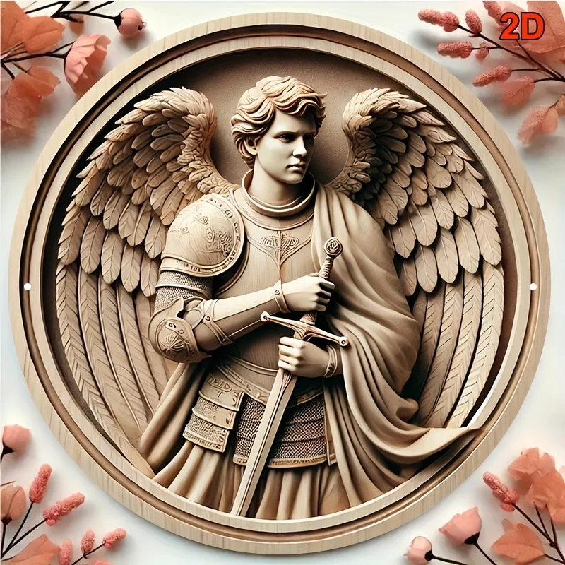 2D Flat 1pc 8x8 Inch Round Aluminum Plaque, St. Michael the Archangel Vintage Wall Art with Exquisite Sword and Armor Design, We