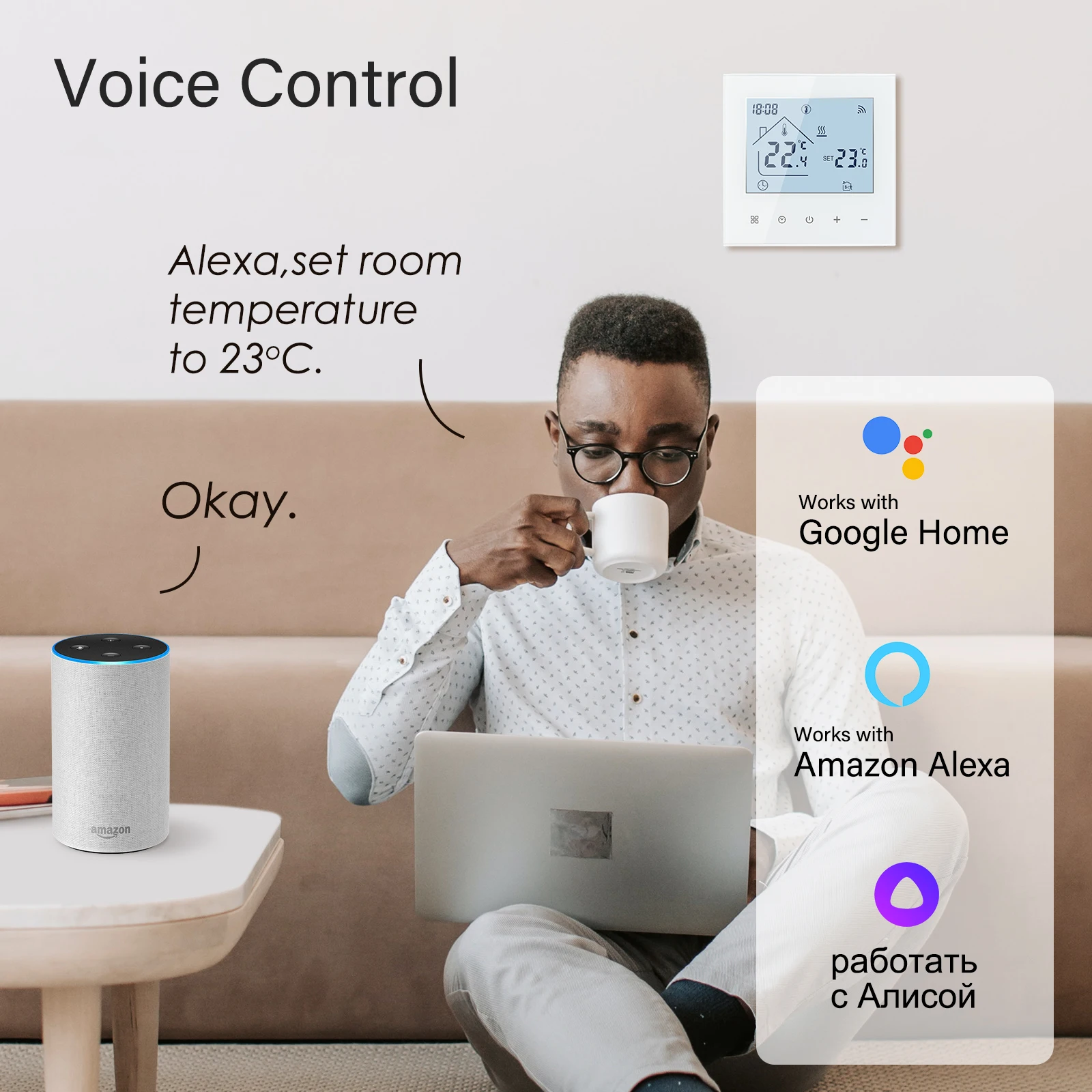 Beok-termostato WiFi para calefacción de suelo, regulador de temperatura de caldera de Gas y agua, funciona con Alexa,Google Home y Alice, Tuya