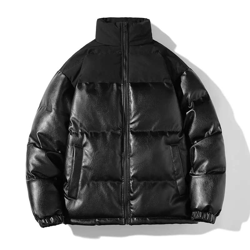 

New Men's Jacket with Stand-up Collar, Trendy Brand, Patchwork Design, Versatile and Durable Leather and Cotton Coat