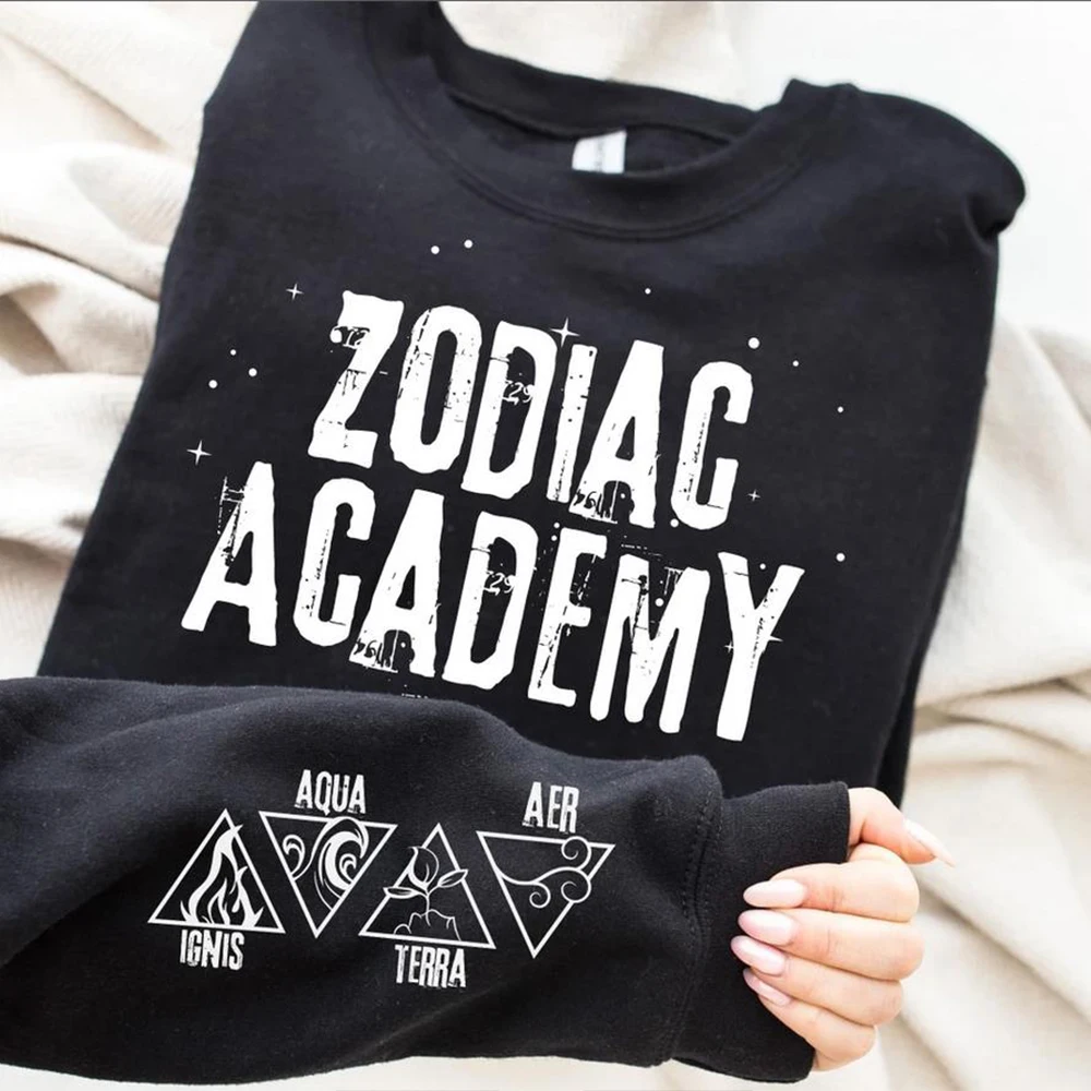 Zodiac Academy 레트로 요소 슬리브 스웨트셔츠, Ignis Aer 아쿠아 테라 슬리브 셔츠, 조디악 사인 크루넥 그래픽 상의