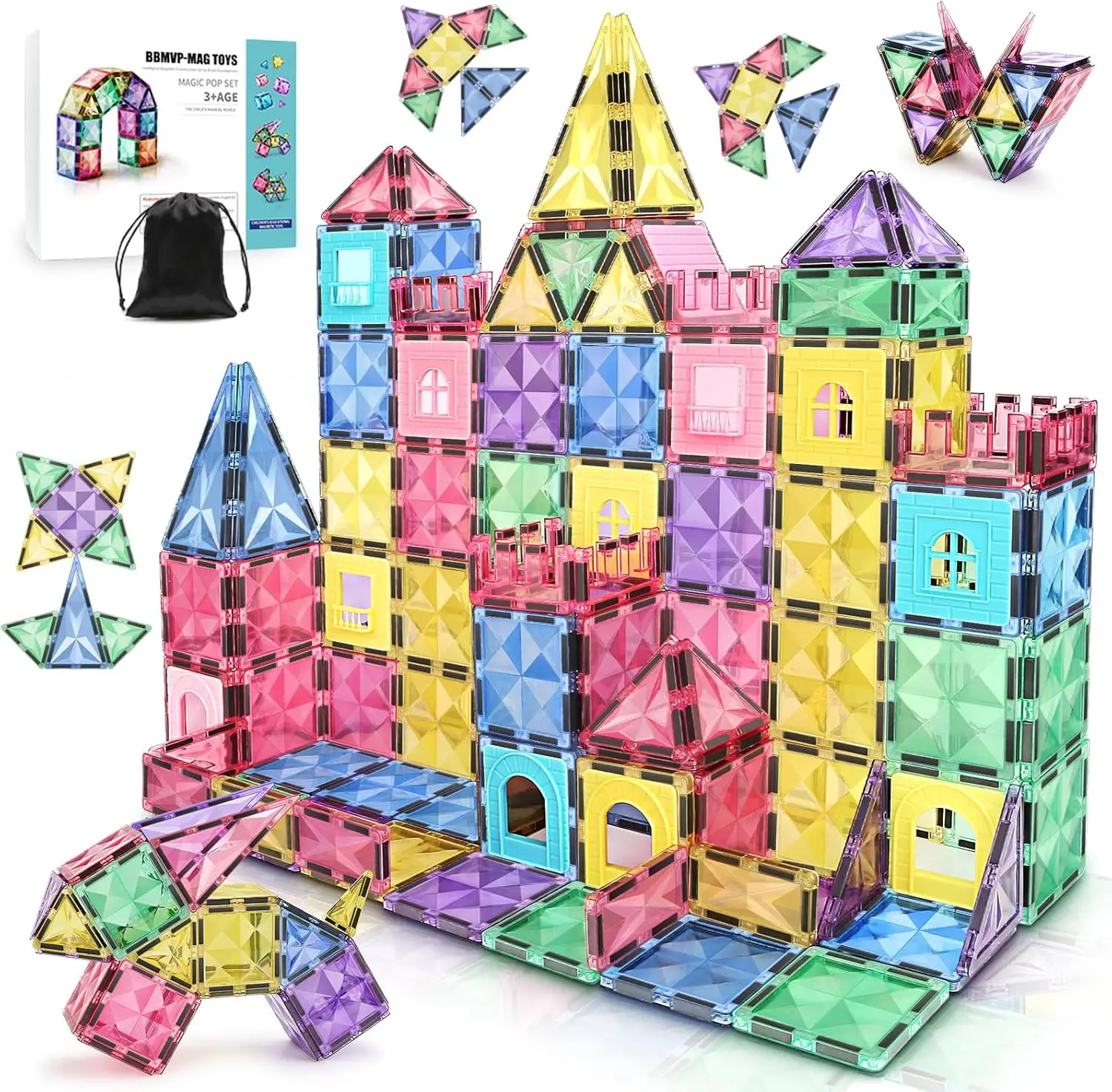 

Magnetic Tiles, Magnetic Building Blocks for Kids Ages 3+ and STEM Magnet Toys, Clear Magnet 3D Blocks Construction Playboards f