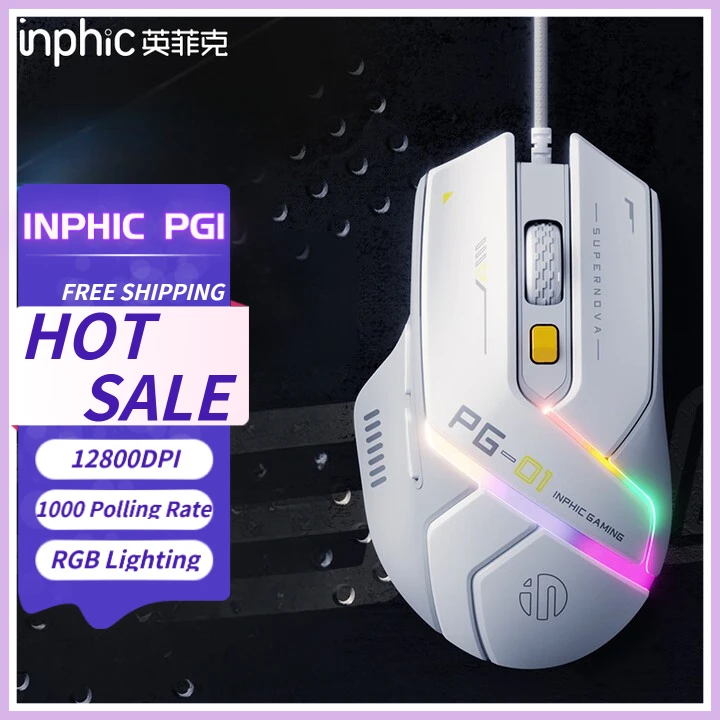 

Проводная игровая мышь INPHIC PG1, 200-12800 точек на дюйм, 6 нитей, регулировка точек на дюйм, скорость вращения 1000, эффект освещения RGB