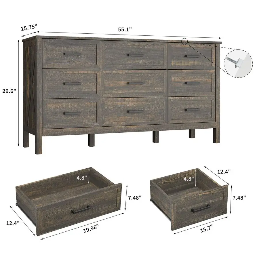 Cômoda para quarto, cômoda com 9 gavetas com textura natural, cômoda larga rústica de madeira para quarto, corredor, entrada, marrom escuro