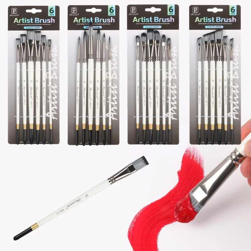 6pcs Wooden Nylon Paint Brush Uniform Coloring Good Water Absorption Oil Painting Acrylic Watercolor Gouache Painting Outline