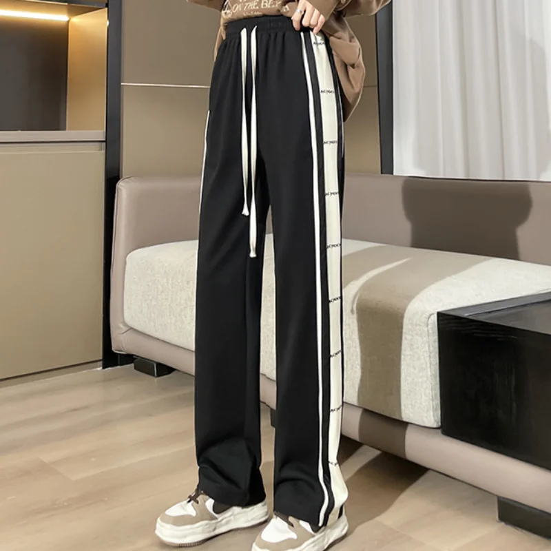 

Women's Bottoms Black Stripe Sweatpants Fashion High Waist Straight Mopping Pants Casual Baggy Wide Leg Trouser Ladies Spring