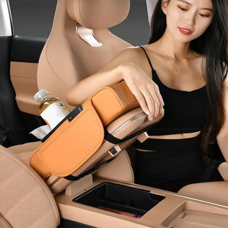 Car Center Console Armrest Pillow Memory Foam Auto Armrest Box Cover with Cup Holder & Phone Holder, Waterproof Leather Arm Rest