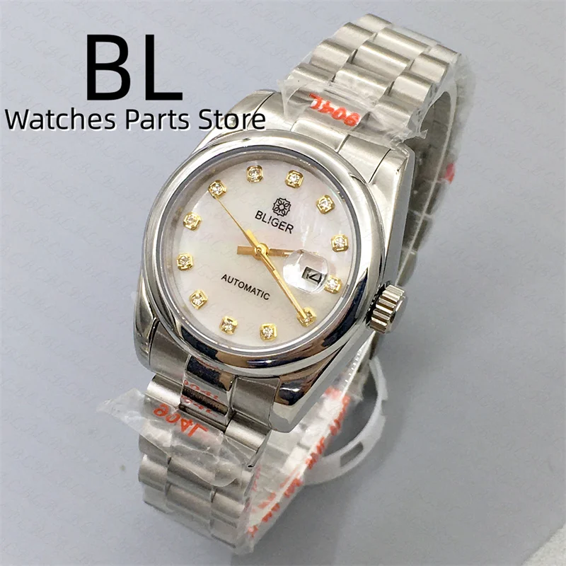 BLIGER 31mm Luxury Women Automatic Watch Two Tone Gold Bracelet Diamond Bezel Sapphire Glass White Mother Pearl Dial Waterproof
