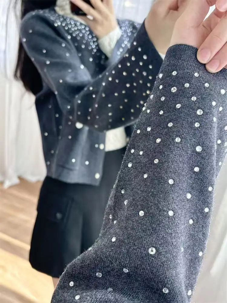 Cárdigan de punto decorado con diamantes de imitación para mujer, Chaqueta corta elegante con una botonadura, moda de primavera y otoño