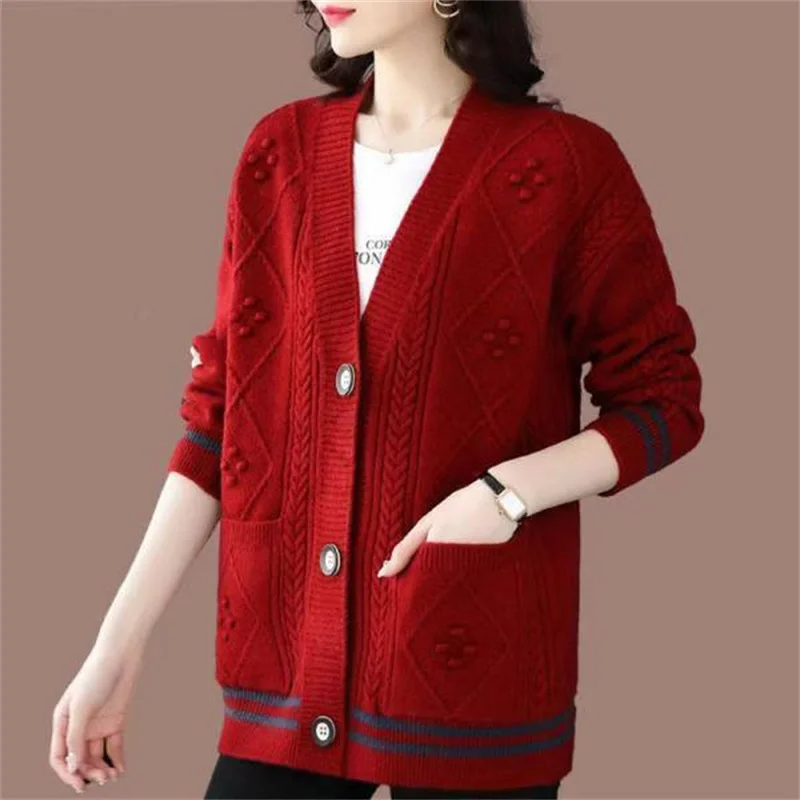 Mother Sweater V-Neck Blousers Loose Size Women\'s Fat MM Sweater Coat For Women\'s Autumn And Winter New Loose Knitting Cardigan