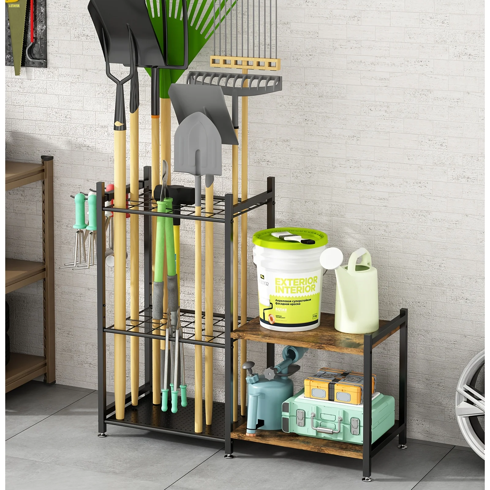 

Metal Garden Tool Organizer with Hooks - Perfect for Long Handles, Brooms, Sturdy Outdoor Yard Storage Rack, Black