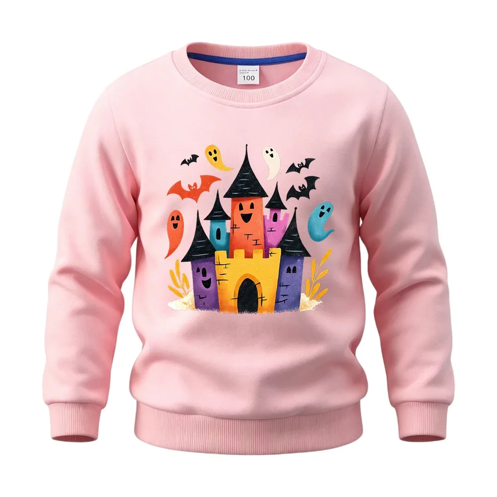 New Autumn/Winter long-sleeved pullover sweatshirt featuring Halloween castle, child-friendly ghost, and bat patterns.
