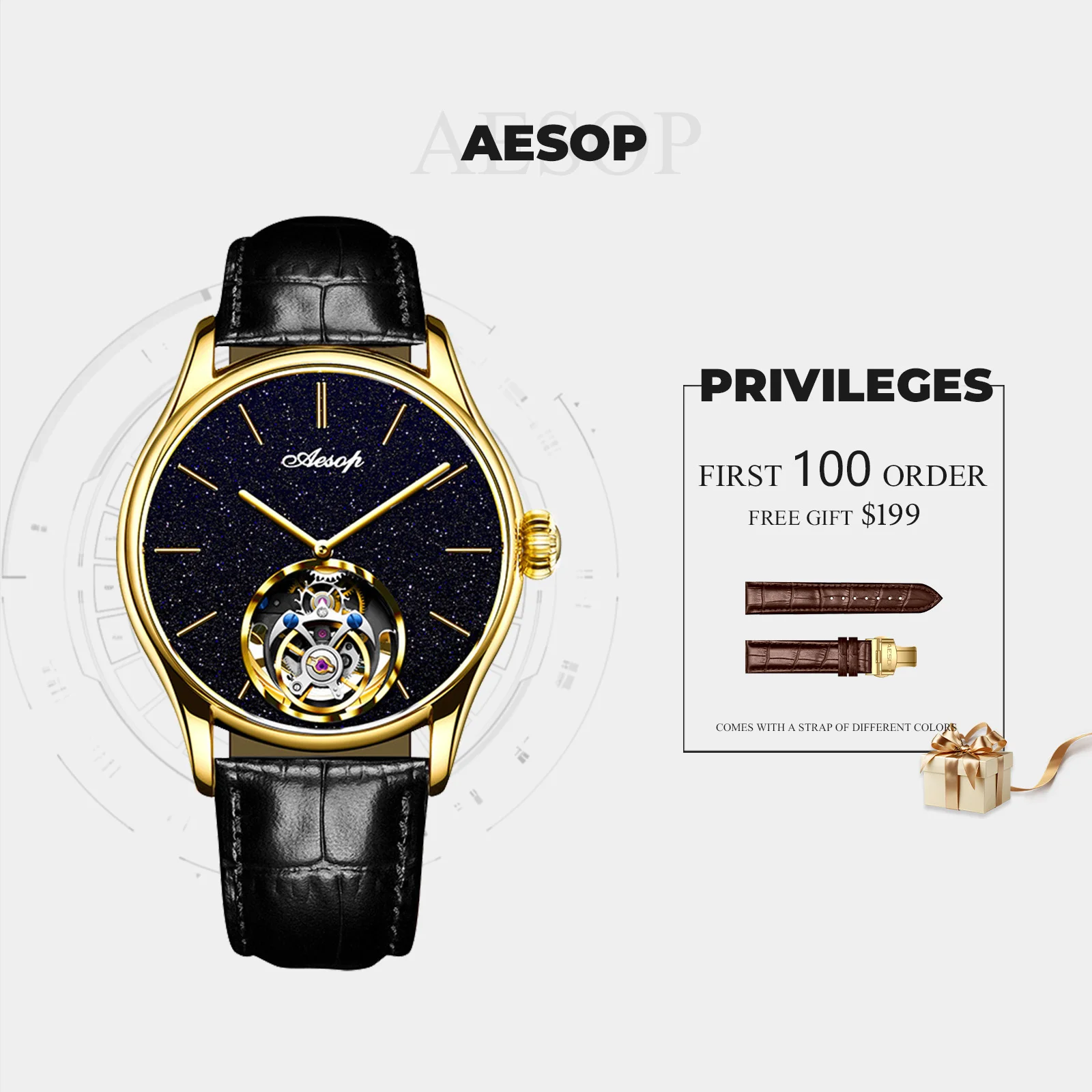 AESOP High-Quality Blue Sandstone Starry Sky Dial Automatic Mechanical Watch Fashion Business Men's Tourbillon Mechanical  Watch