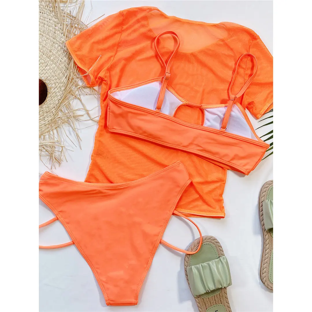 Damen-Badeanzug, hochtaillierter Bikini, Damen-Bademode, dreiteiliges Bikini-Set, kurzärmelige Überwürfe, Badeanzug, Badebekleidung, Schwimmanzug V2988 – Detail 10
