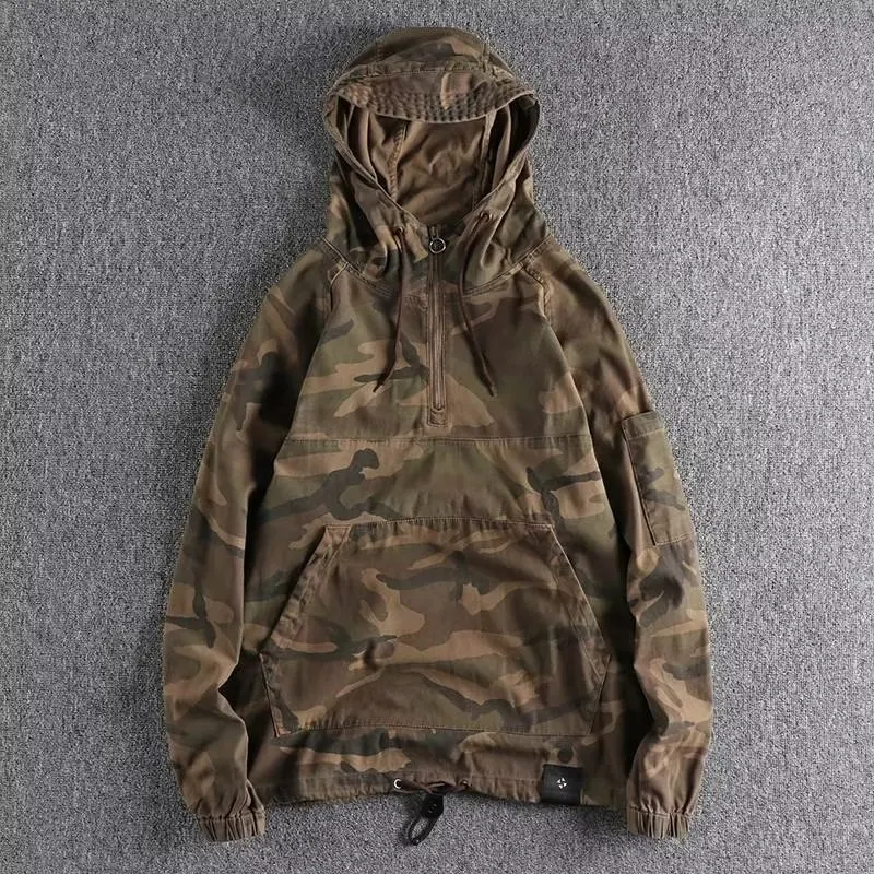 Camouflage Jacket Autumn And Winter Tooling Hooded Outdoor Trend Retro American Casual Jacket Half Zip Jacket