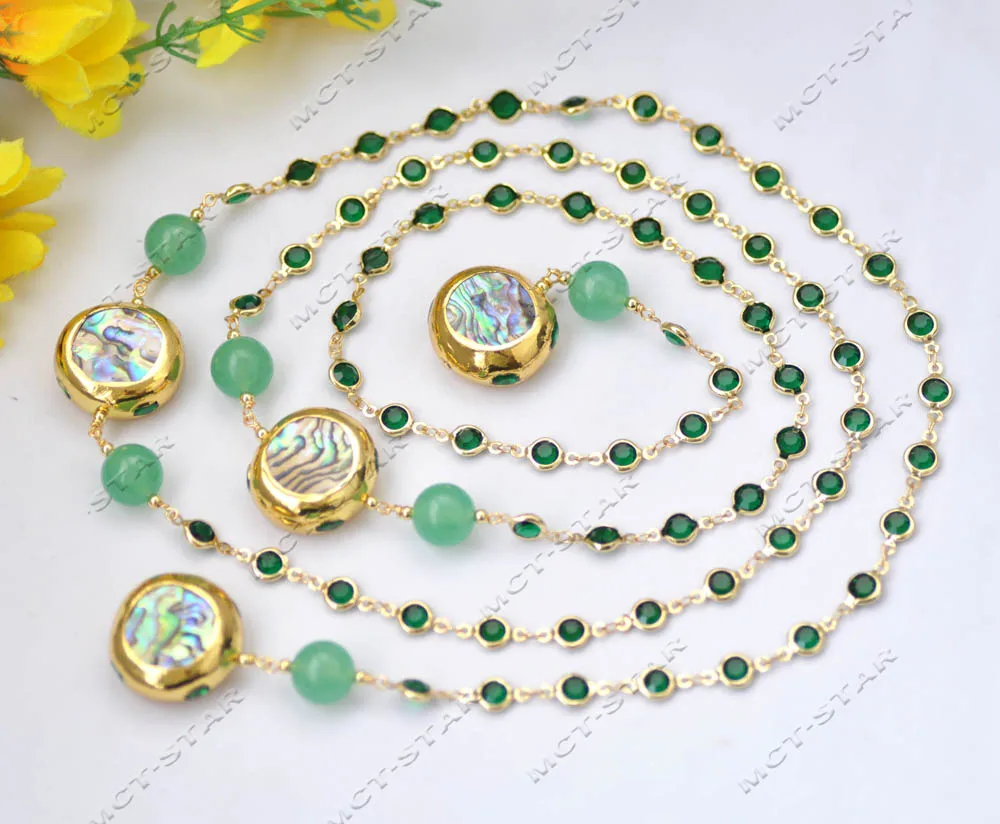 Z13447 47\'\' 25mm Peacock Abalone Shell Egg Green Jasper CZ Chain Necklace Pendant Custom Jewelry