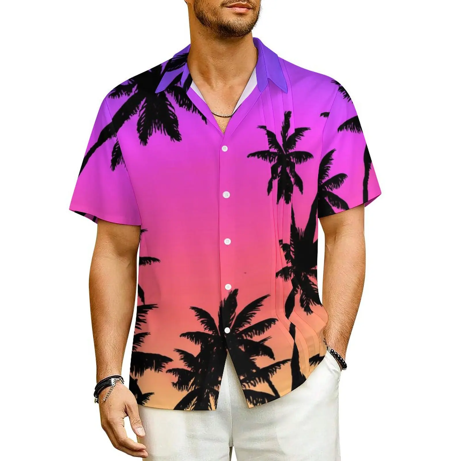 

Ombre Palm Trees Casual Shirt Sunset Gradient Elegant Hawaiian Shirts Man Short Sleeve Vacation Fashion Graphic Oversize Blouses