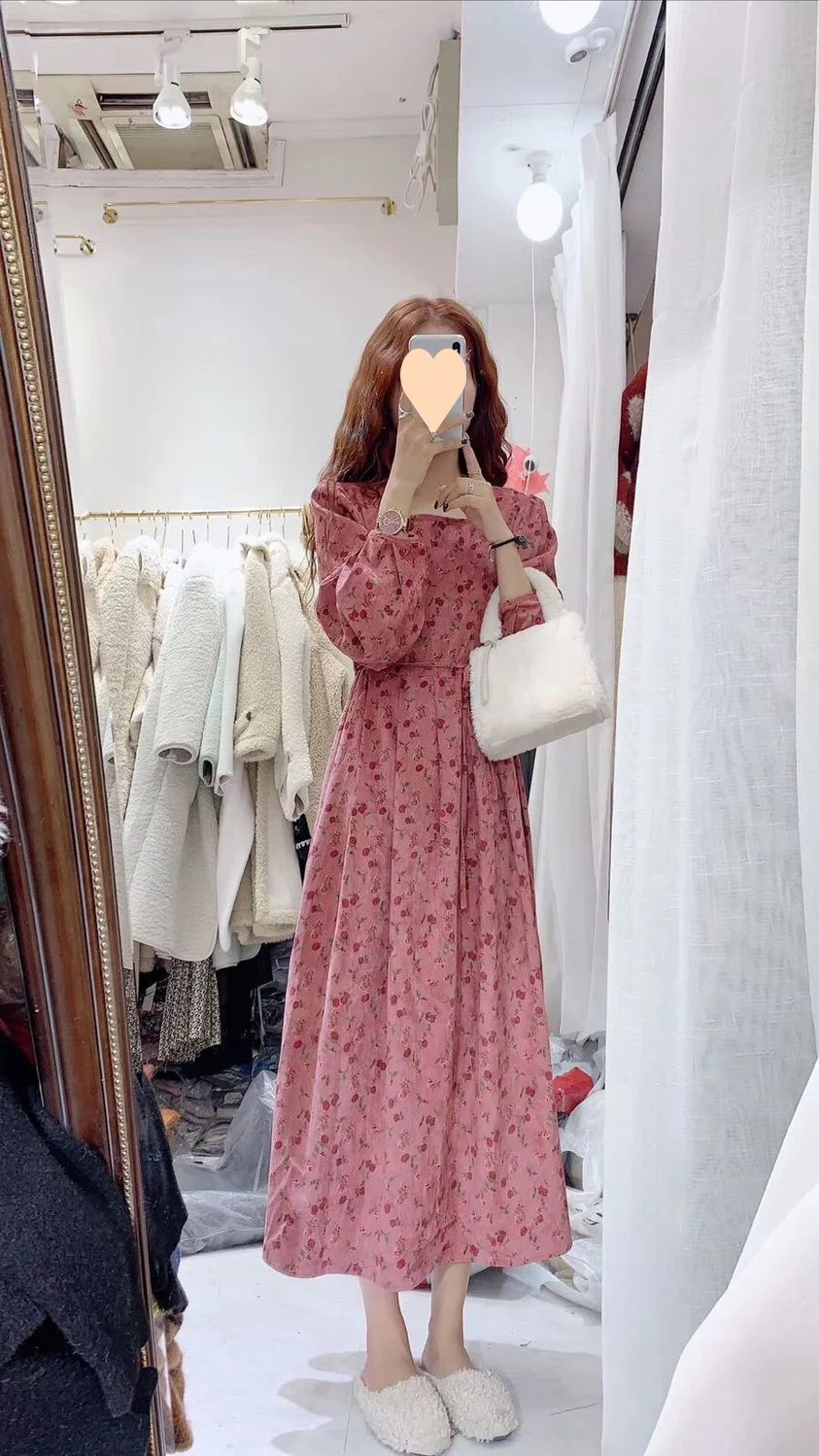 جديد وصول المخملية الأزهار تنورة طويلة الحلو الورك إخفاء الخريف الشتاء المرأة التخسيس عالية الخصر فستان الجنية الوردي