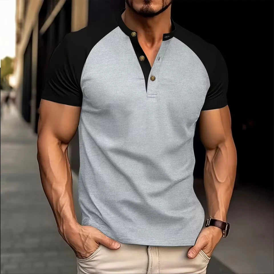 Summer Waffle V-neck Button T-shirts for Men Fashion Patchwork Short Sleeve Casual Tees Breathable Versatile Pullover Tops Male