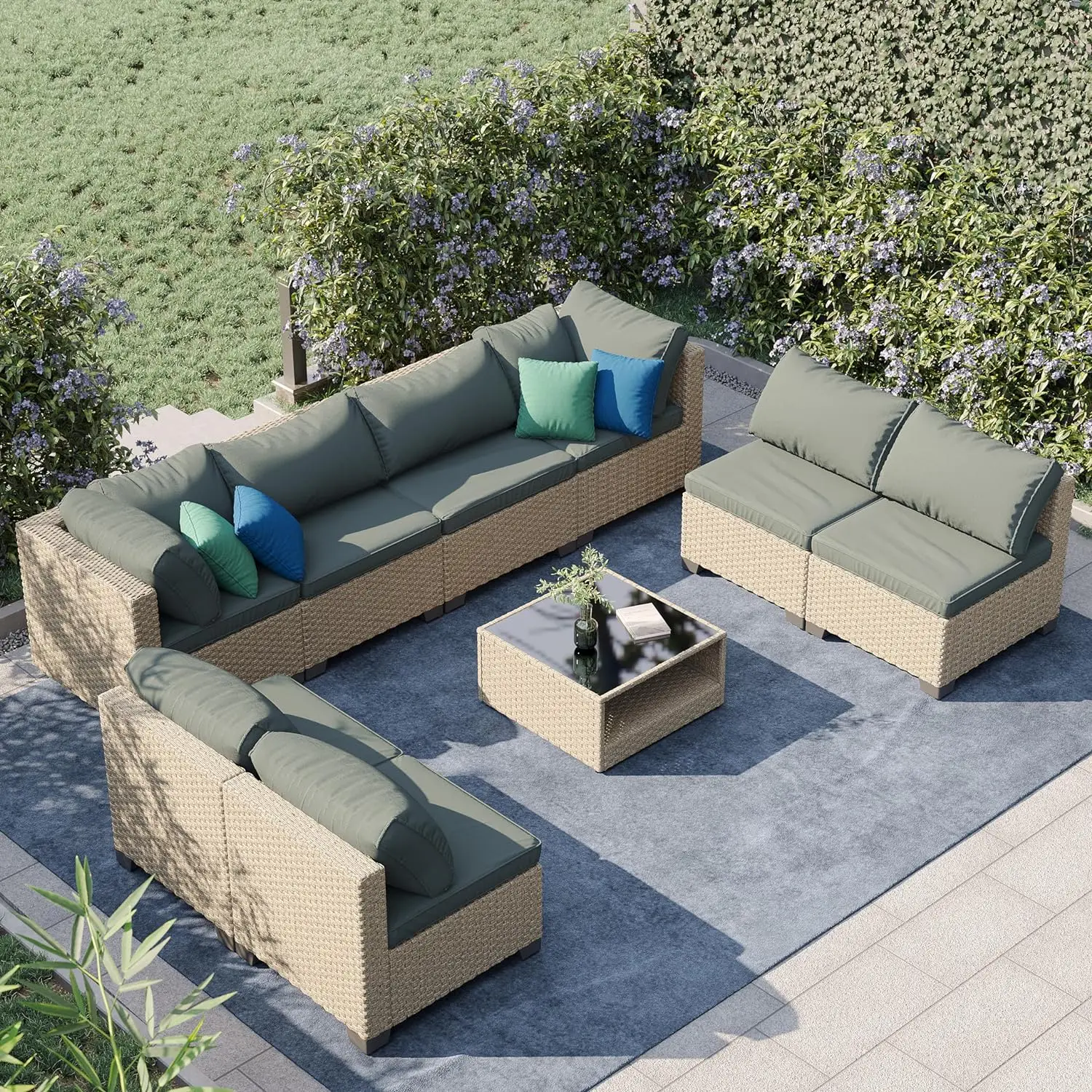 Patio furniture set, bohemian style, combination sofa with waterproof thick cushions and storage table for patio, lawn