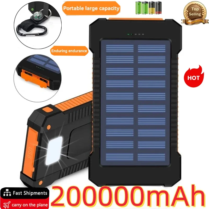 200000mAh High-Power Portable Solar Power Bank with Fast Charging, Waterproof, and SOS Flashlight for Xiaomi Samsung and iPhone