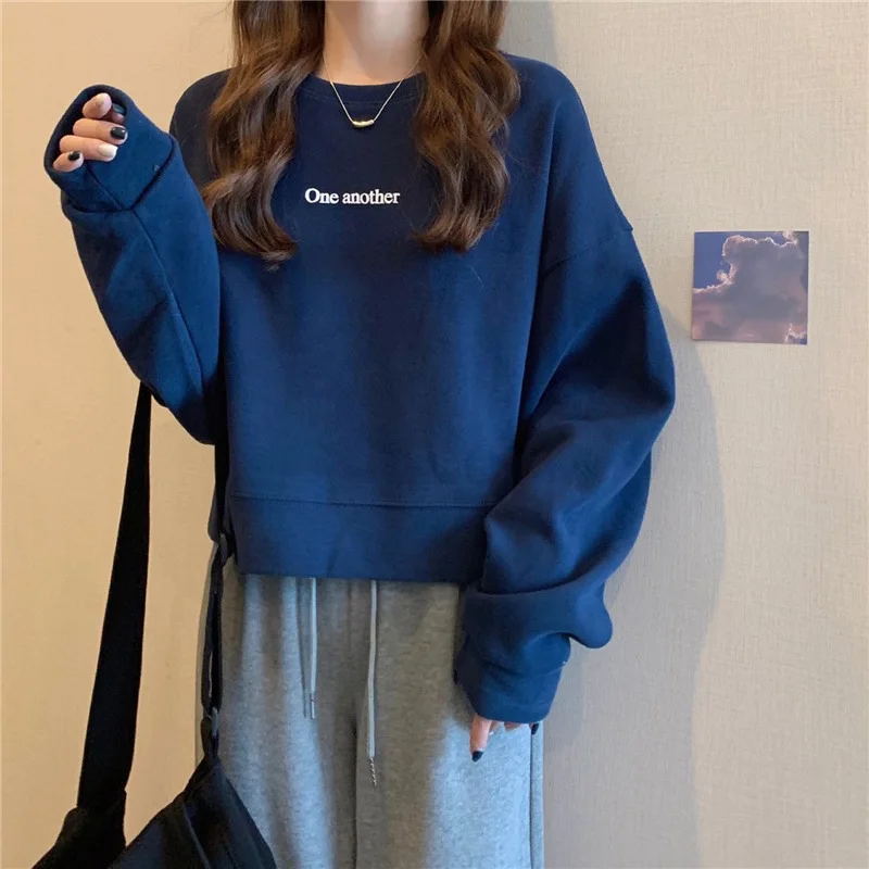 

Winter Letter Printed Sweatshirt Women O-Neck Hoodie Long Sleeve Pullovers Loose Casual Tops Y2k Korean Preppy Street Wear 후드티