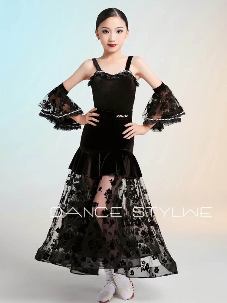 Vestido de dança de salão preto, roupas de dança modernas padrão para meninas, sem mangas, conjunto de saia, roupas de competição de valsa 2648