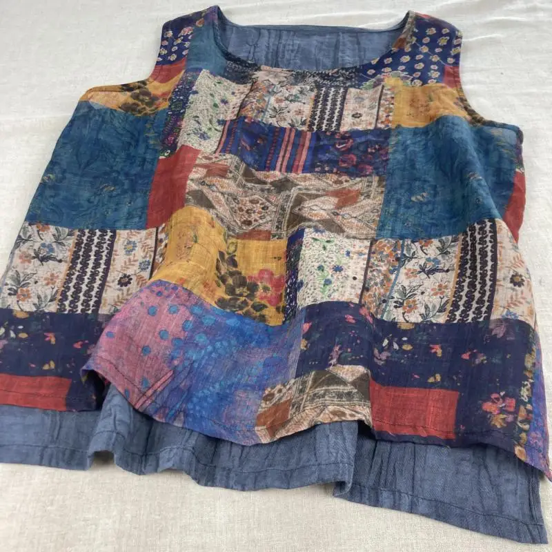 

New Arrival Summer Arts Style Women Sleeveless Loose Tank Tops High Quality Cotton Linen Vintage Print Tank Top Femme Tank TM34