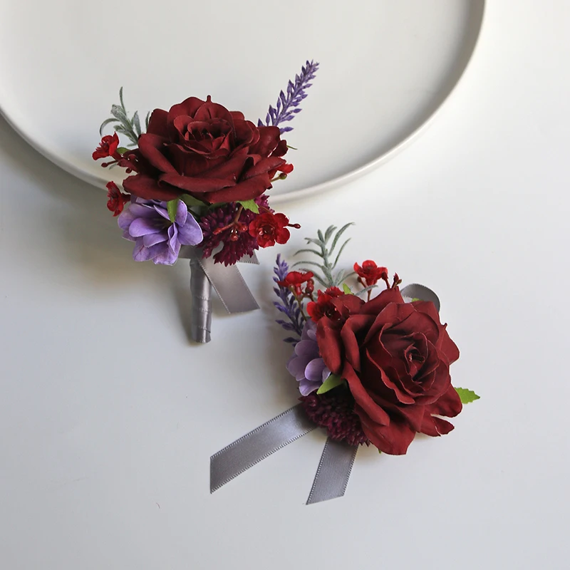 Gt-ramillete de seda para decoración de boda, flor de muñeca, broche de rosa, herradura, lirio, negro y rojo