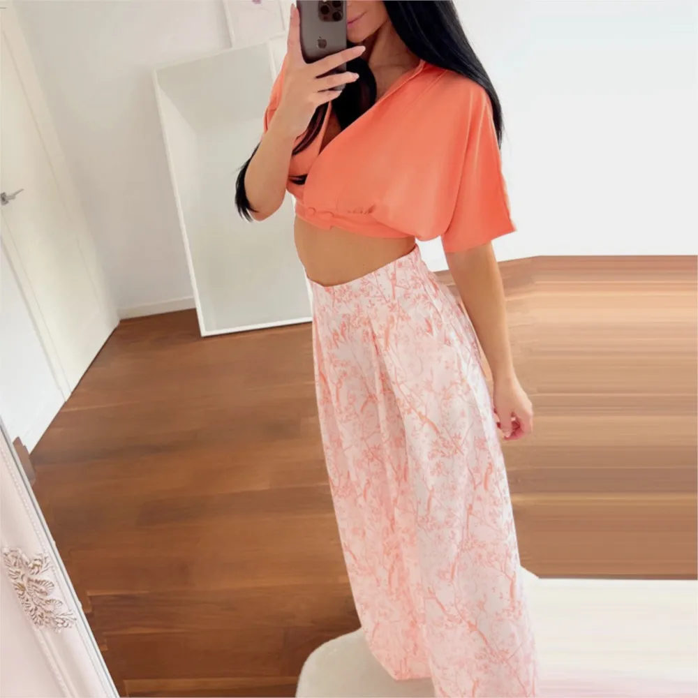 Women's Fashion Casual Suit 2025 Shirt Short-sleeved V-neck Printed Short Top + Wide-leg Pants 2 piece set Commuting Office Lady