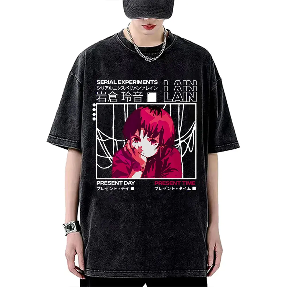 

Washed Vintage Anime Serial Experiments Lain Graphic T Shirt Iwakura Manga Girl Sci Fi T-shirt Men Women Fashion Casual T-shirts