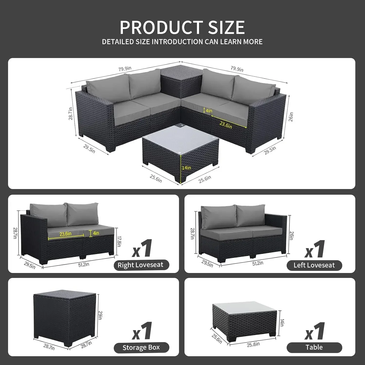 Outdoor PE Wicker Patio Furniture Set 4 Piece Black Rattan Sectional Loveseat Couch Set Conversation Sofa with Storage  Grey