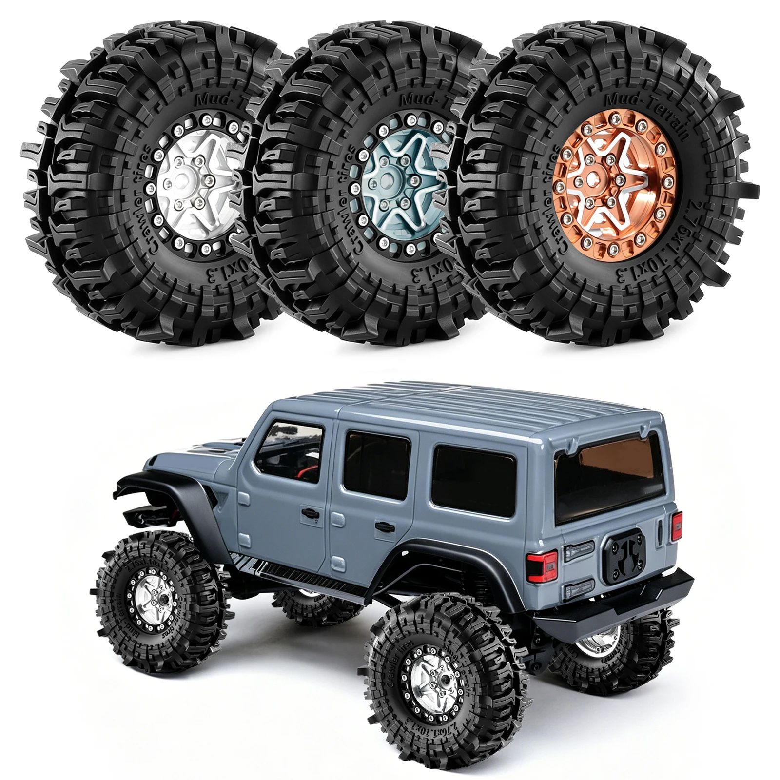4pcs 1.3-inch Aluminum Alloy Beadlock Wheel Rim & Rubber Mud Tire Set for 1/18 TRX4M 1/24 Axial SCX24 AX24 FCX24 RC Crawler Car