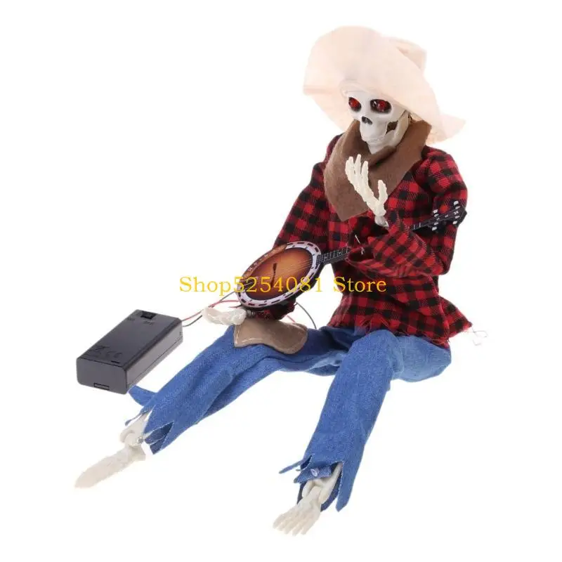 AXYC Funny Animated Banjo Skeleton, Cowboy Skull Statue, Animated Movement/Sound Activated Music, Multilingual Banjo Skeleton
