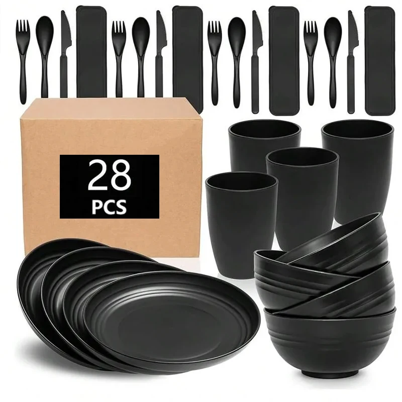 7/28pcs Plastic PP Tableware Set, Dinner Plate Cereal Bowl Cup Tableware Set, Reusable Tableware for Home Kitchen Party