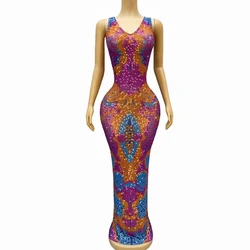 Sexy Flashing Colorful Rhinestones V Neck Sleeveless Dress Birthday Party Crystals Outfit Singer Performance Photoshoot Dress