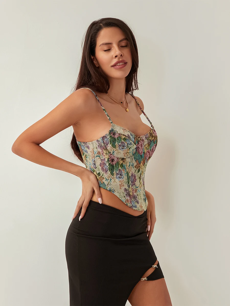 Women s Vintage Floral Embroidery Cami Crop Tank Top Summer Spaghetti Strap Corset Bustier Shapewear Top