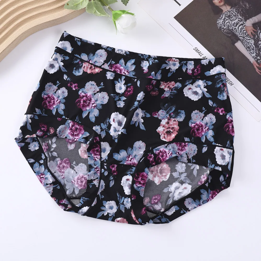 

Flower Printed Seamless Mid Waist Panties Sexy Women's Ice Silk Elastic Briefs Summer Thin Fashion Breathable Underwear Lingerie