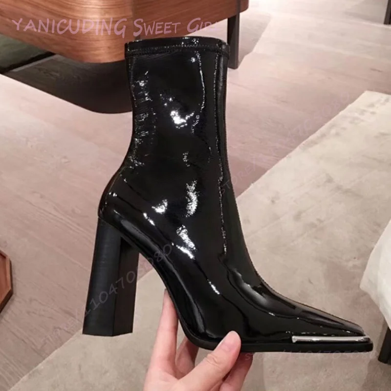 

Зеркальные ботильоны из лакированной кожи с блестящим металлическим квадратным носком, элегантные замшевые ботинки до щиколотки на массивном каблуке, черные офисные женские ботинки на молнии