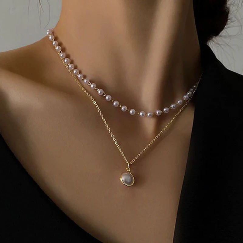 New Fashion Imitation Pearl Choker Necklace Cute Double Layer Chain Round Pendant Necklaces For Women Jewelry Girl Gift