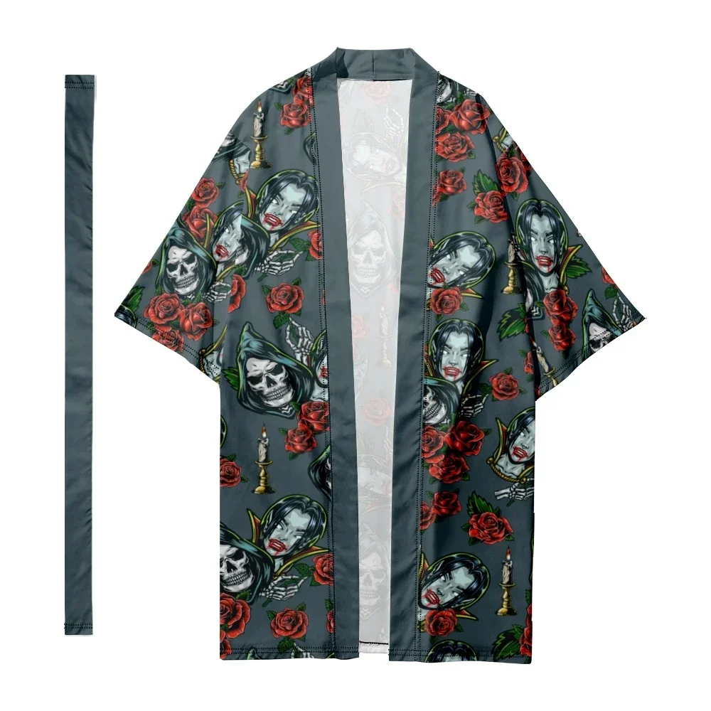 Women and Men Japanese Traditional Skull Vampire Pattern Long Kimono Retro Cardigan Samurai Bathrobes Kimono Yukata Shirt Jacket