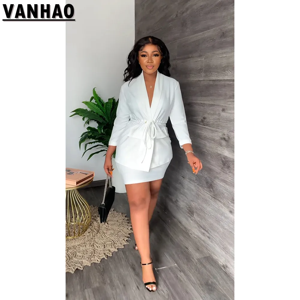 VANHAO Classic Office Outfits Lace Up Blazer Mini Skirts Solid Color Two Piece Set for Women Work Suits Wholesale Dropshipping