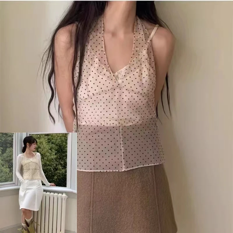 

Korean Ins Same Lace Wave Point Camisole Dress Womens Mesh Sleeveless Mid Length Cover Up Dress Summer New Y2K Girl Spicy Girls