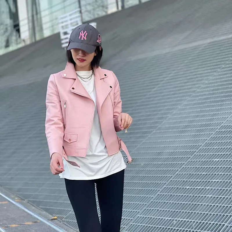 Chaqueta de piel auténtica para mujer, abrigo Vintage de piel de oveja Natural, color rosa, primavera y otoño, novedad de 2022