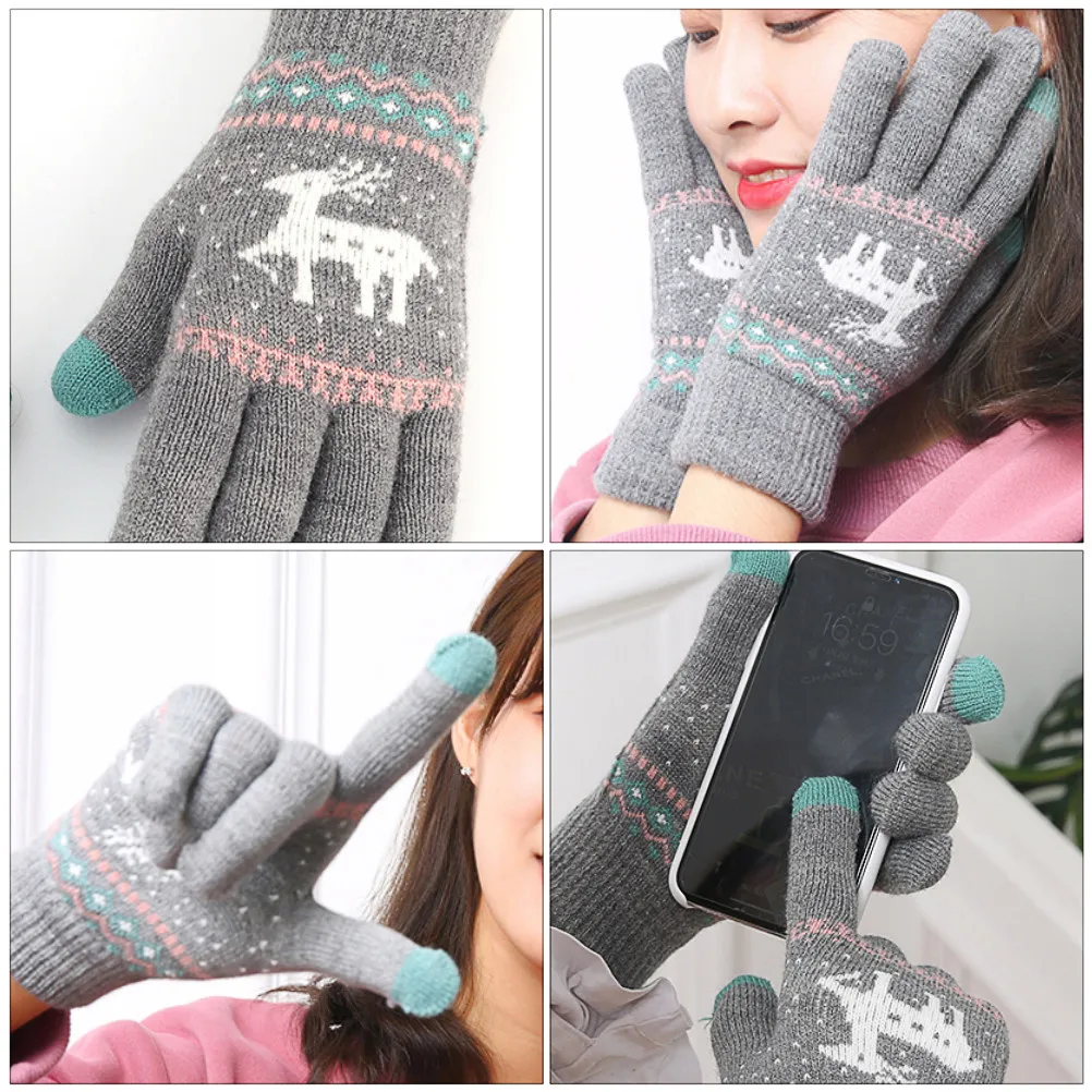 1Pair Cashmere Blend Touch Screen Gloves Winter Warm Full Finger Knitted Gloves for Women Christmas Gift Outdoor Activity