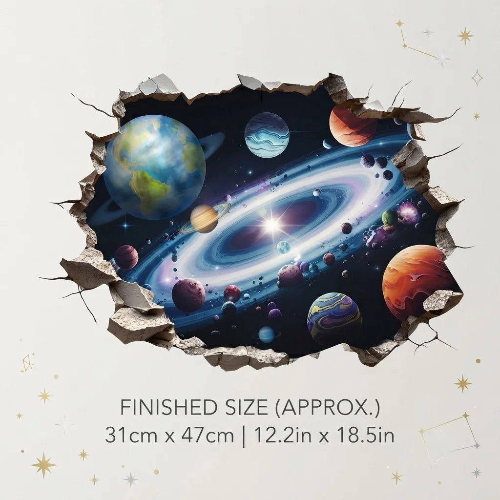 orn Wall Space Planet Wall Sticker Finished Size 31x47cm Broken Wall Design With Colorful Planets