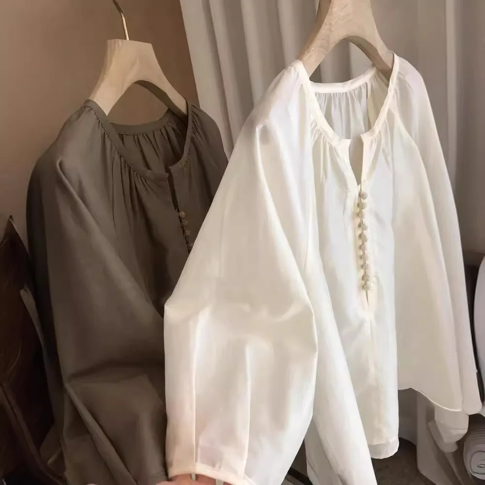 French Light National Style ~ Handmade Hydrangea Button Retro Loose  Shirt For Women In Summer